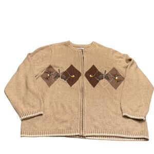 Croft & Barrow Zip Front Cardigan Sweater Argyle Bird Embroidered Cozy 3X Plus